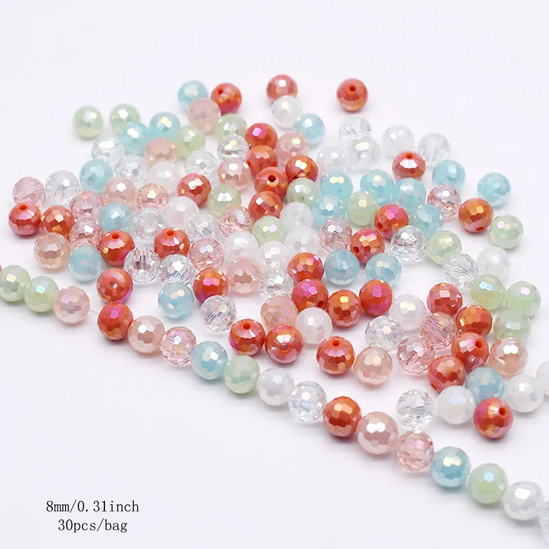 Faceted Round Crystal Glass Beads - 8mm Mixed Colors, 30-Pack