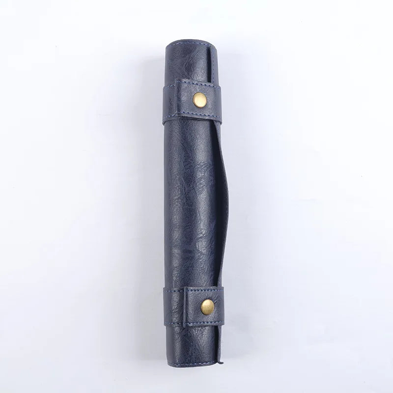 A dark blue PU leather storage bag for a foldable dice rolling tray with brass snaps.