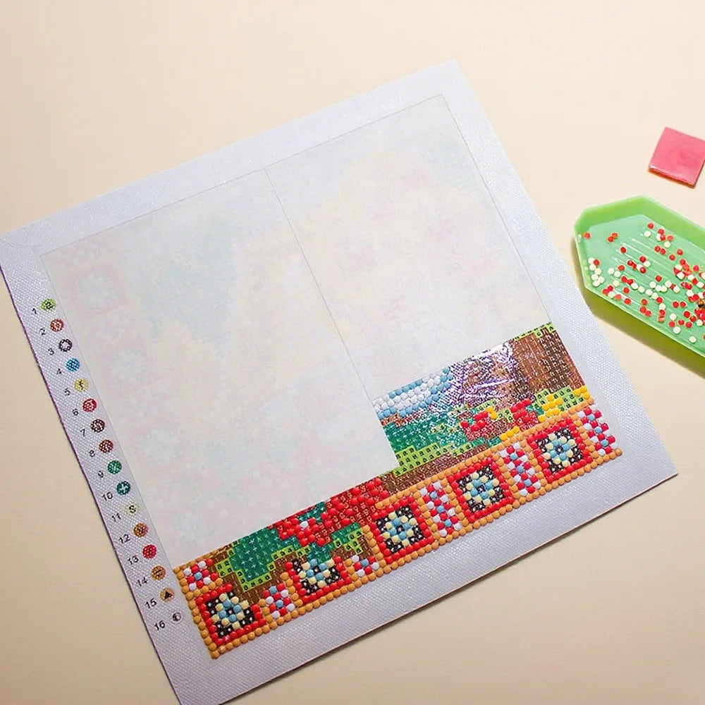 A sheet of double-sided non-stick release paper for diamond painting showing a colorful floral design.