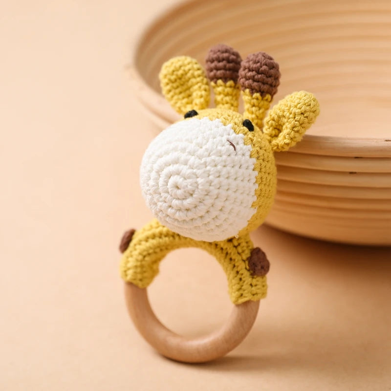 Handcrafted Wooden Crochet Animal Rattle for Babies