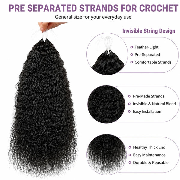 Black pre-separated strands for crochet hair extensions showing various styles and features