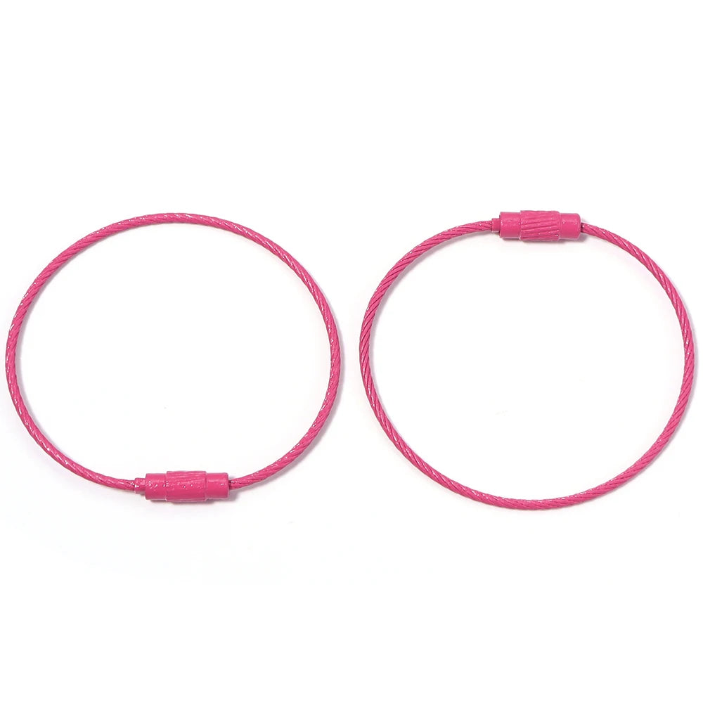 Ten stainless steel wire keychain rings with screw locks in bright pink