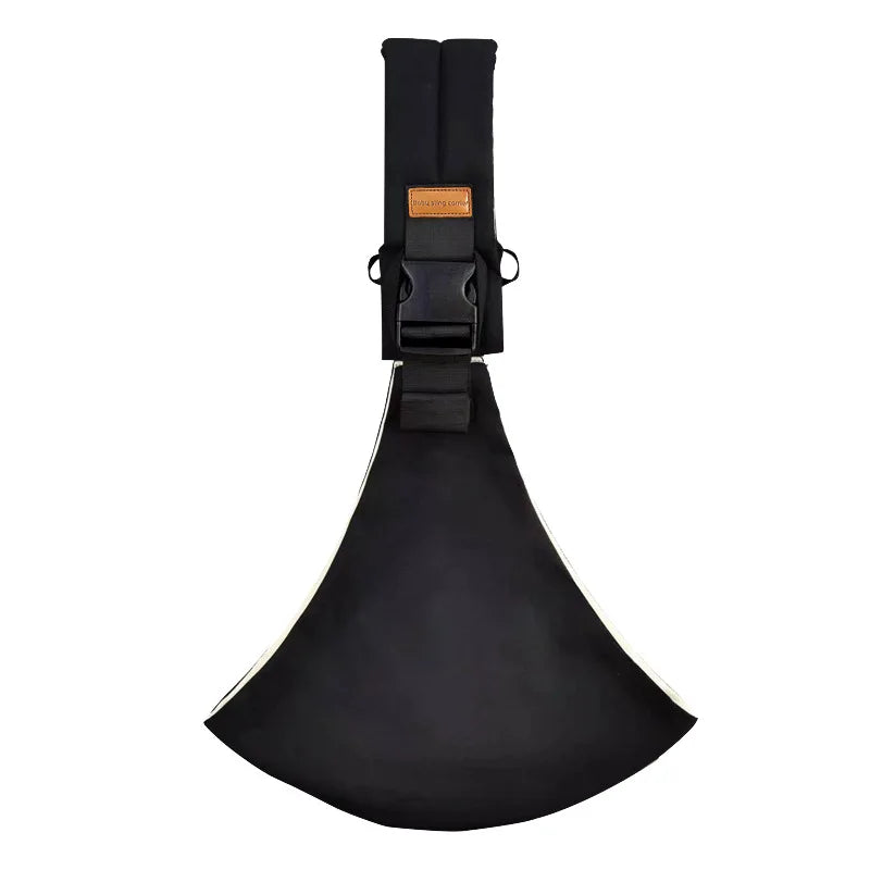 Black adjustable baby sling carrier with a padded fabric base and a black strap system.