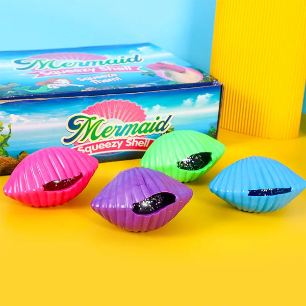 Colorful squishy shells in pink, green, purple, and blue are displayed next to their packaging.