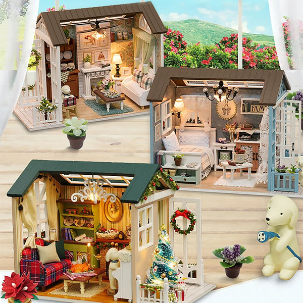 DIY Miniature Wooden Dollhouse Kit with LED Lighting