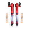 A set of adjustable aluminum shock absorbers with red bodies and blue springs for RC crawlers