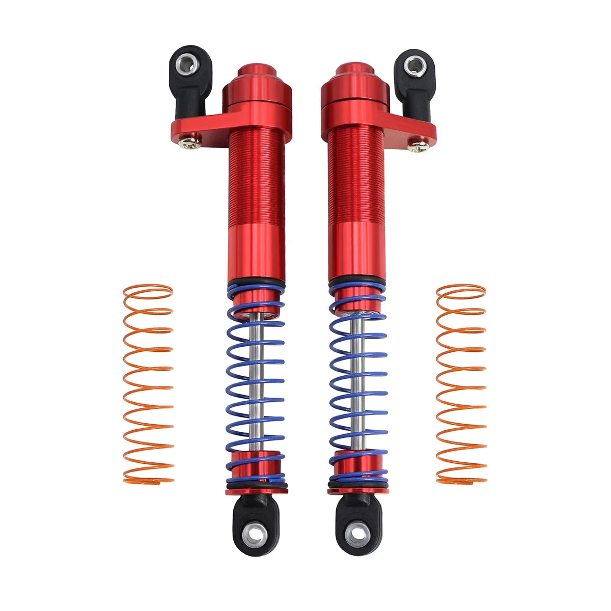 A set of adjustable aluminum shock absorbers with red bodies and blue springs for RC crawlers