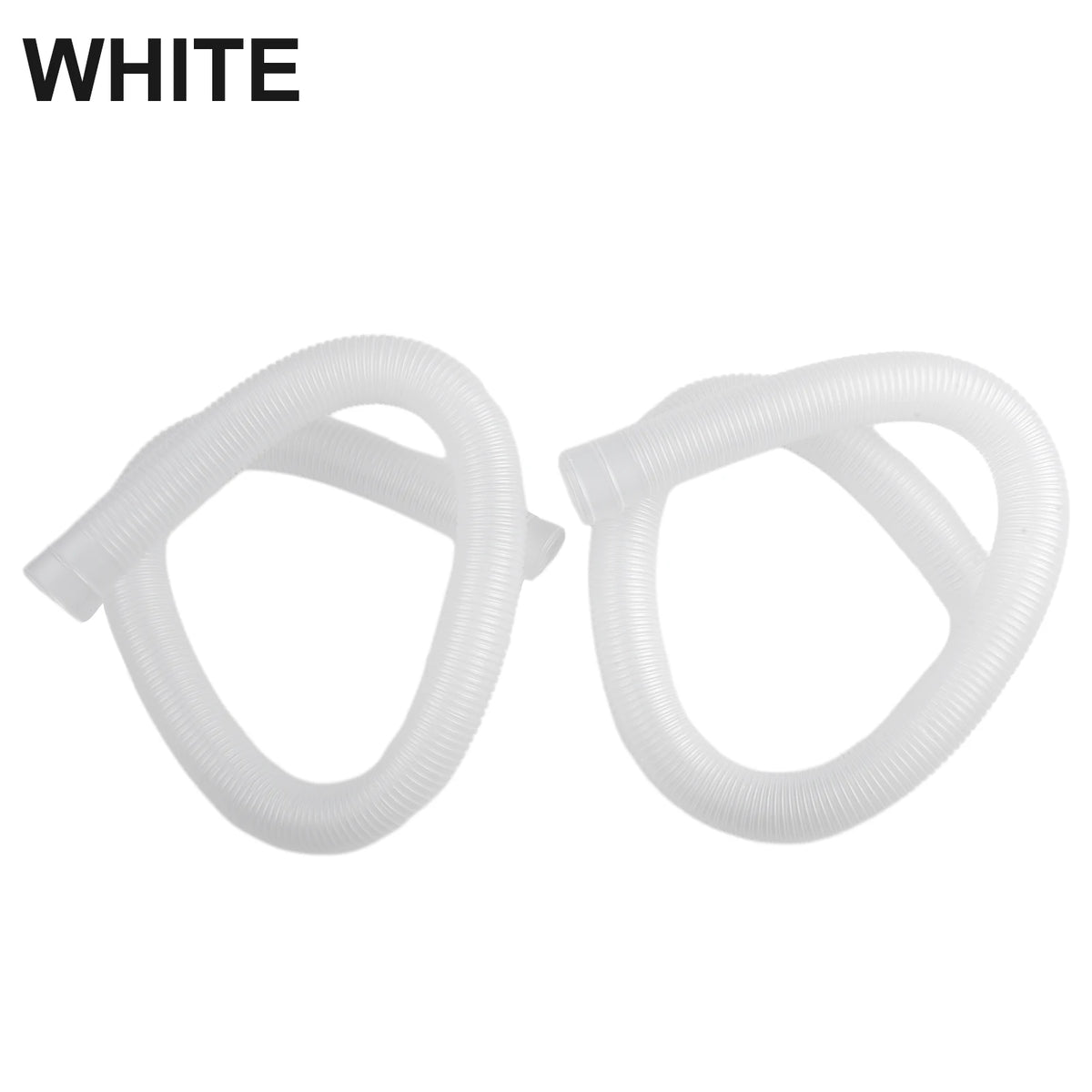 A pair of white replacement pool pump hoses for above-ground Intex systems.