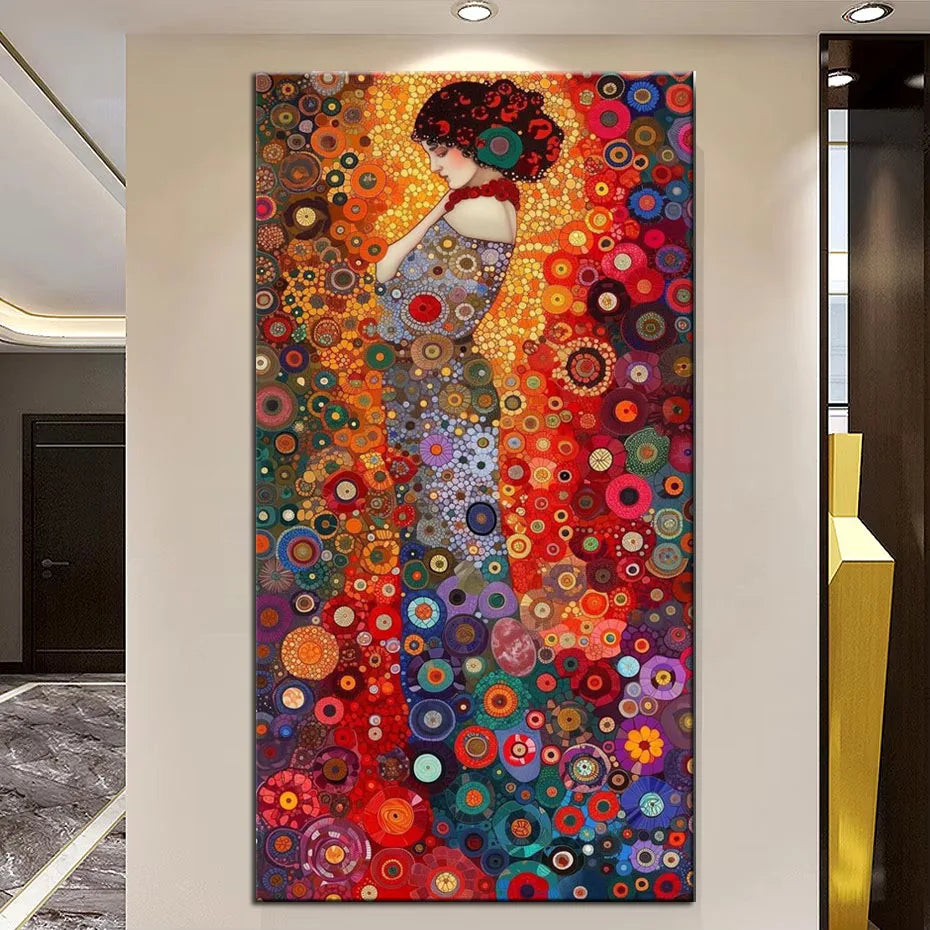 A vibrant diamond painting featuring a woman in a richly colored, ornate style inspired by Gustav Klimt.