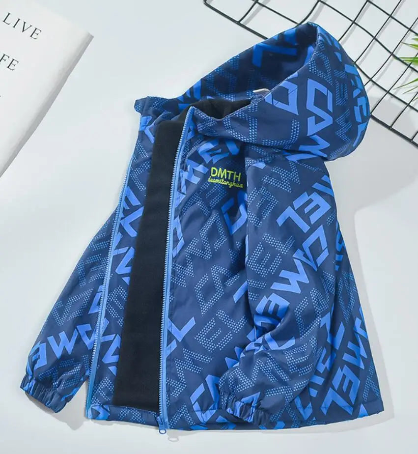 A royal blue kids waterproof winter jacket with a hood and black accents is displayed on a white surface.