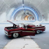 A red vintage 1959 Chevrolet Impala die-cast model car is displayed on a gray floor in a futuristic tunnel.