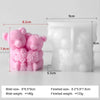 A pink silicone mold shaped like a bear with roses, showing the finished size and weight.