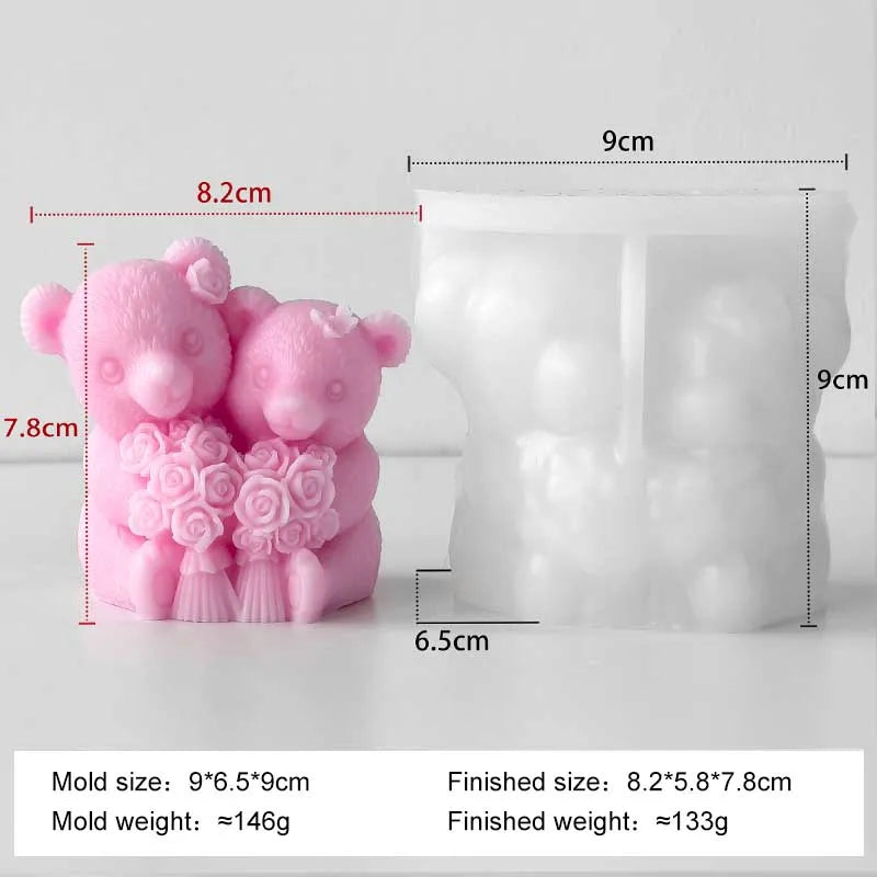 A pink silicone mold shaped like a bear with roses, showing the finished size and weight.