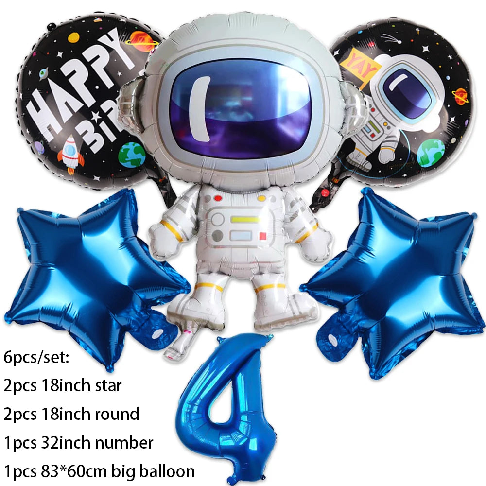 Outer space astronaut party décor set featuring a costume, themed balloons, and large number balloons