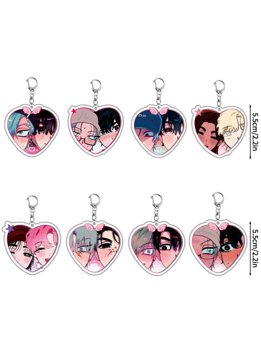 A set of six heart-shaped acrylic keychains featuring anime characters from Alien Stage IVAN and TILL