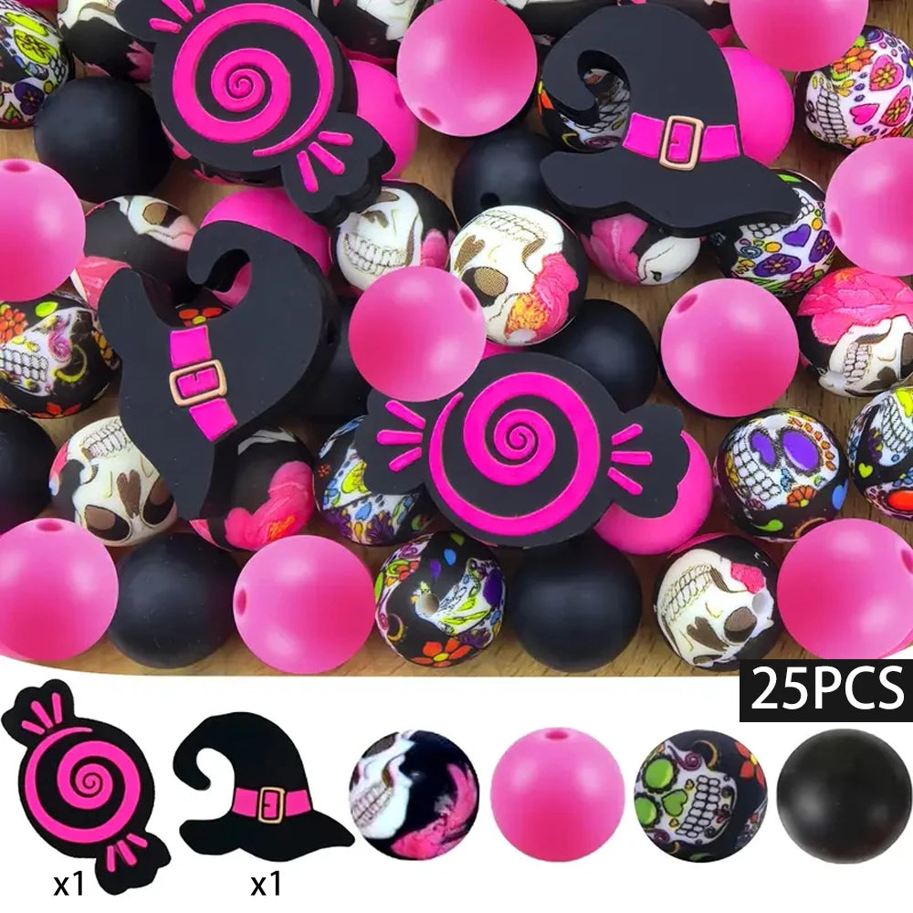 A set of 25 silicone beads in various colors and designs including black, pink, and patterned Halloween shapes for jewelry an