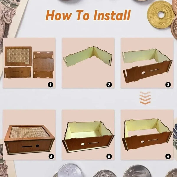 Instructions montrant comment installer une tirelire en bois en 6 étapes