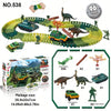 A set of 96 track pieces featuring various vehicles and animals like a jeep, dinosaur, and giraffe.