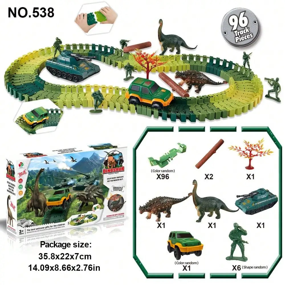 A set of 96 track pieces featuring various vehicles and animals like a jeep, dinosaur, and giraffe.