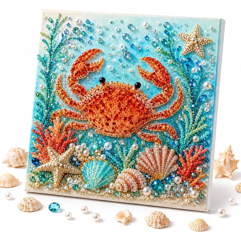 Diamond art kit featuring a vibrant blue background with orange and teal sea creatures like a crab and starfish.