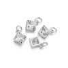 A pair of square rhinestone heart charms for jewelry making, shown in gold and silver.