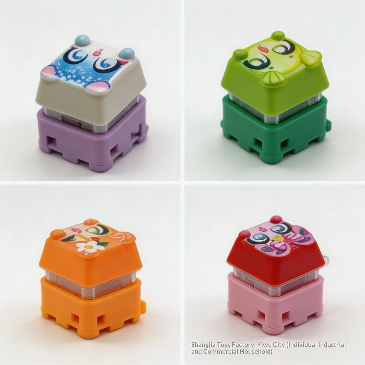 A set of colorful LED mechanical switch fidget keychains in various shapes and colors.