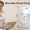 A woman is using a wearable breast pump device, showing the unit and its components.