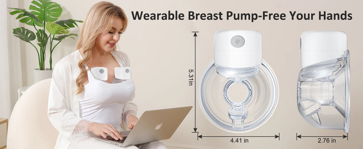 A woman is using a wearable breast pump device, showing the unit and its components.