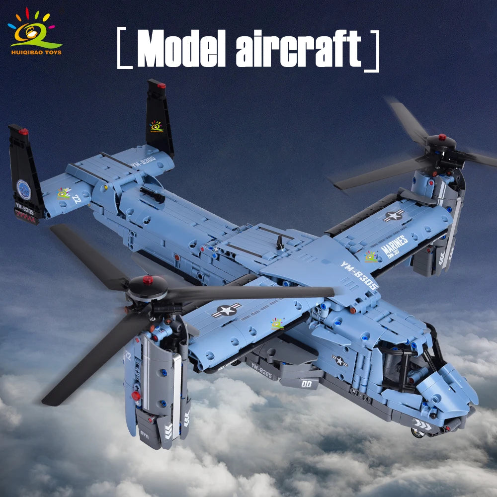 A blue model V-22 Osprey military aircraft building block set in flight against a cloudy sky.
