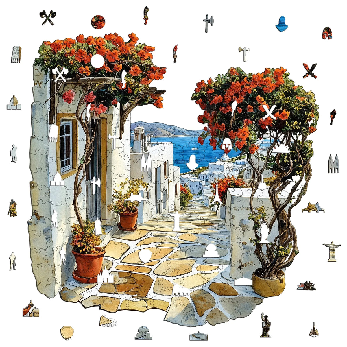 A jigsaw puzzle depicting a vibrant outdoor scene with stone walls, potted plants, and flowering trees.