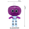 Purple animated stuffed pet with blue accents and striped legs