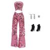 Pink sequin party trousers set for fashion dolls including a matching top and black boots
