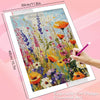 A diamond painting kit featuring a colorful lavender flower field design on a canvas.