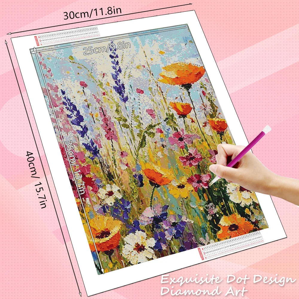 A diamond painting kit featuring a colorful lavender flower field design on a canvas.