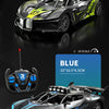 A black and green 1:20 scale remote control drift car model with a transmitter, and a blue 1:18 scale version.