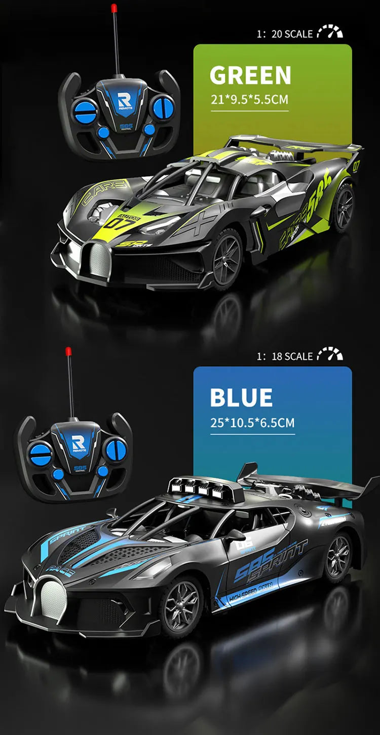 A black and green 1:20 scale remote control drift car model with a transmitter, and a blue 1:18 scale version.