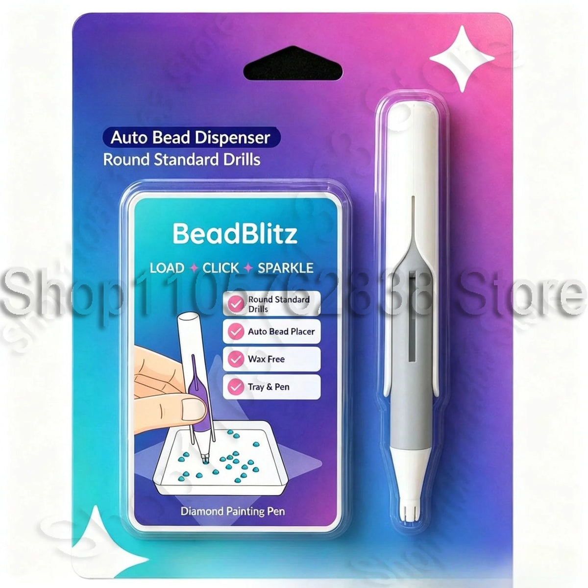 A clear plastic auto bead dispenser pen with a silver body is shown next to a diagram illustrating the loading process for di