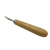 A professional bezel setting pusher tool with a silver tip and a wooden handle.