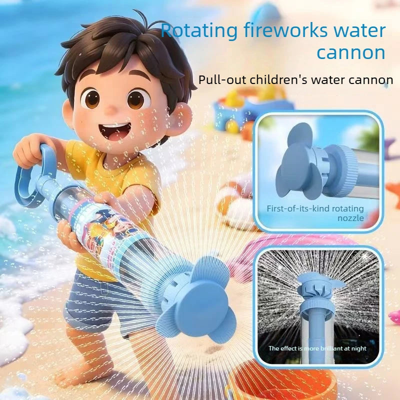 A young boy is using a blue rotating fireworks water cannon toy to spray water.