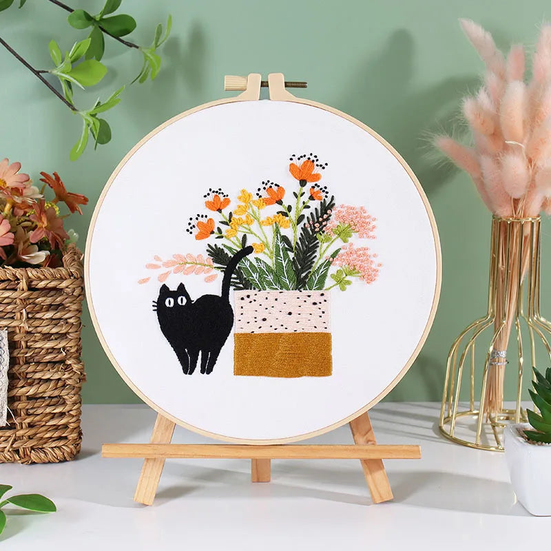 Beginner Embroidery Kit with Floral and Cat Patterns