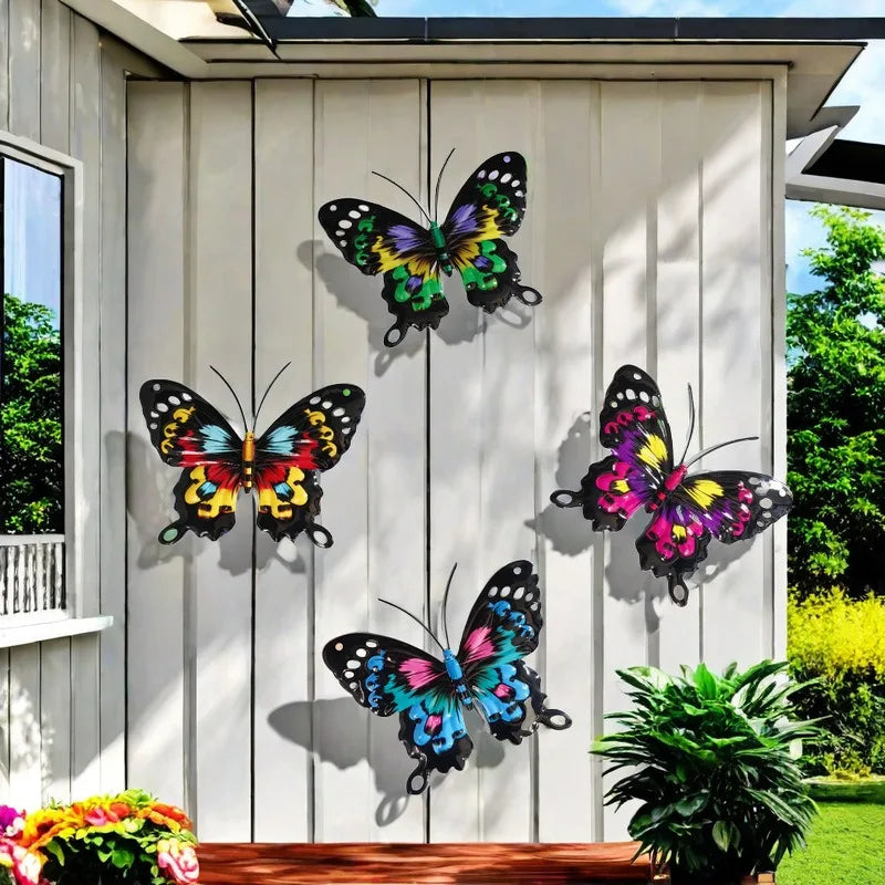 Set of four decorative iron butterfly wall art featuring vibrant colors mounted on a light gray wooden panel.