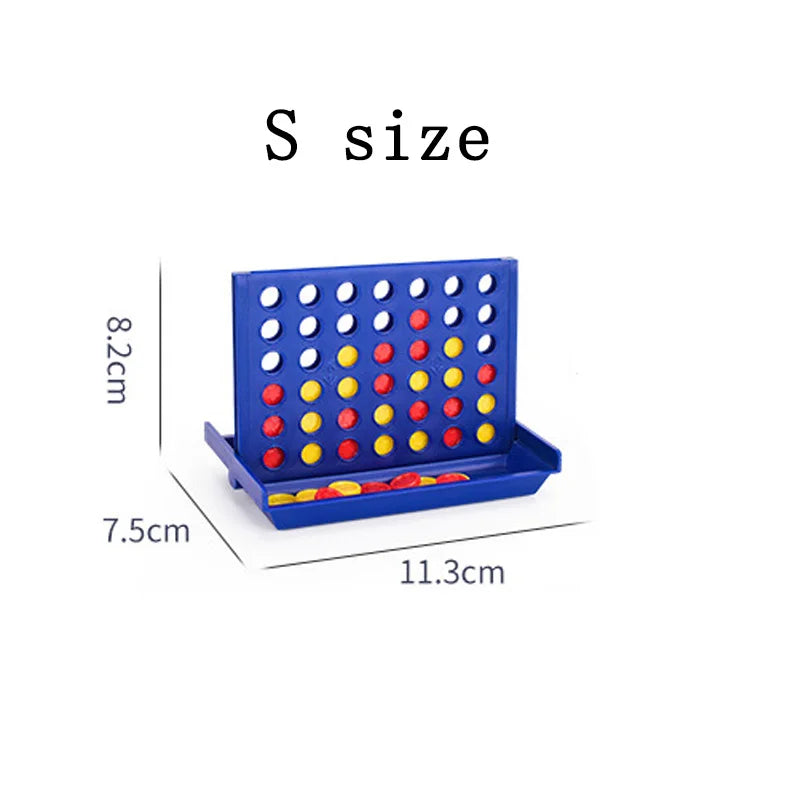 A blue Connect 4 board game with 12 colored plastic pieces in a tray, labeled as S size.