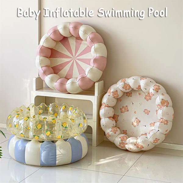 A pink and white inflatable swimming pool surrounded by a decorative round mat on a white shelf.