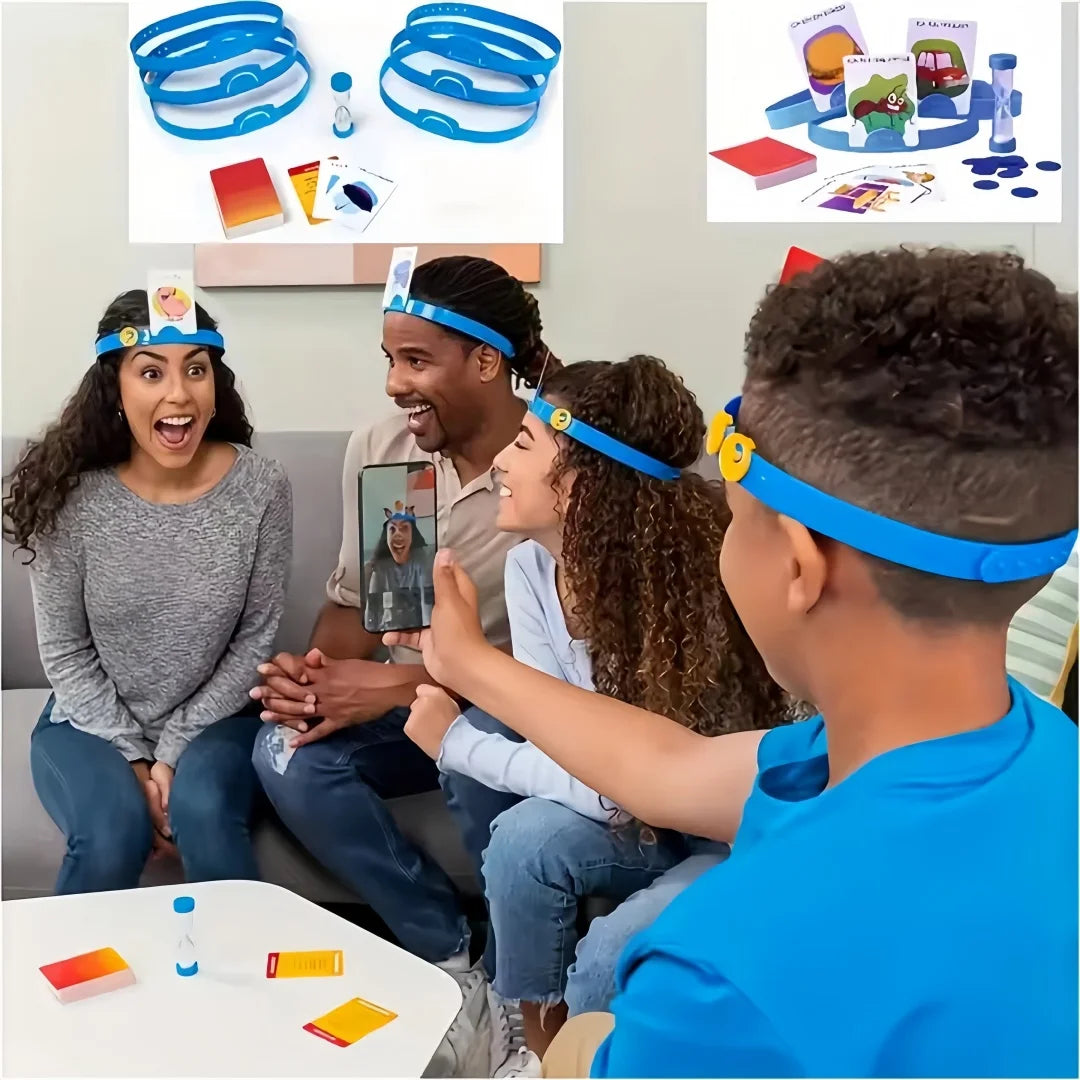 A family playing Guess Who I Am card board game with colorful cards and blue headband accessories.