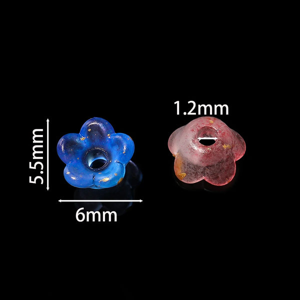 Juego de cuentas acrílicas campanilla degradadas, mostrando una azul y una rosa, con dimensiones marcadas.