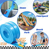 Blue flexible track racing car set with various components shown in different contexts like home, courtyard, park, and beach.