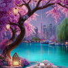 A vibrant landscape diamond painting kit featuring a pink cherry blossom tree over a blue lake with purple flowers and lush g