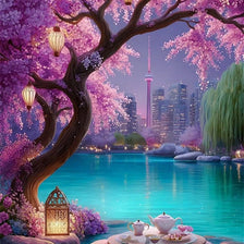 A vibrant landscape diamond painting kit featuring a pink cherry blossom tree over a blue lake with purple flowers and lush g