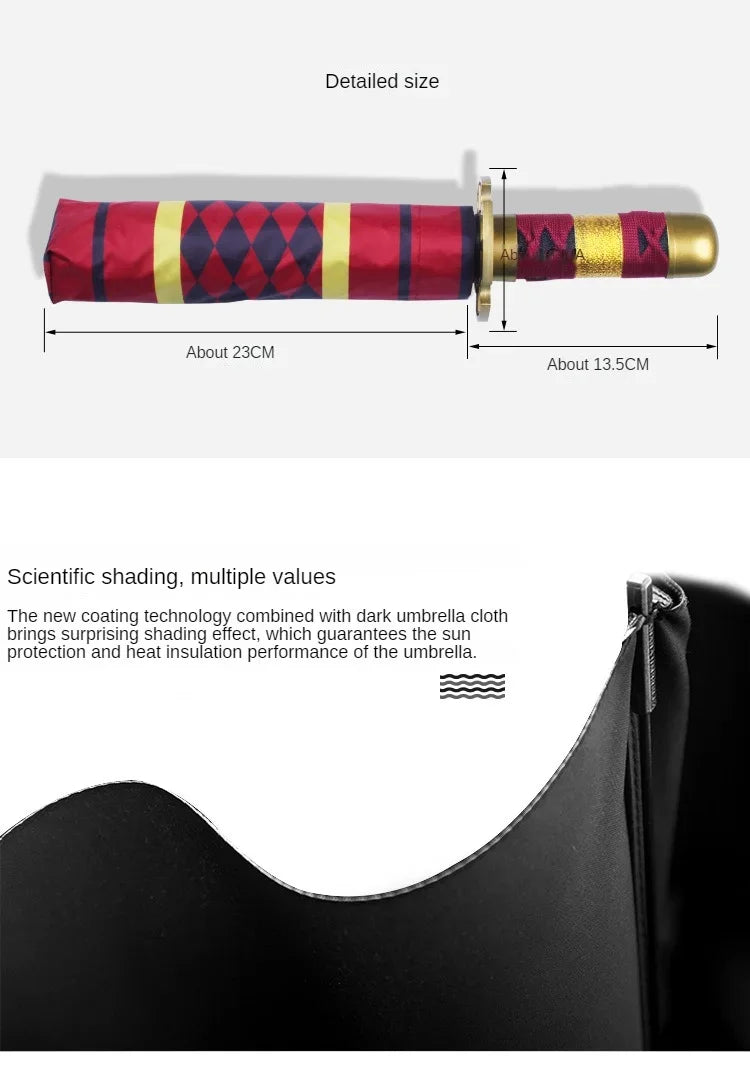 Demon Slayer Katana 3-fold umbrella with red and gold accents shown in detail.