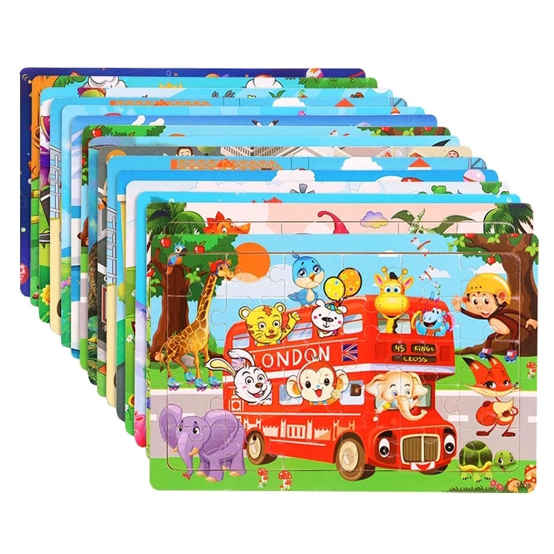 A set of wooden animal and vehicle tangram puzzles featuring colorful illustrations for children.